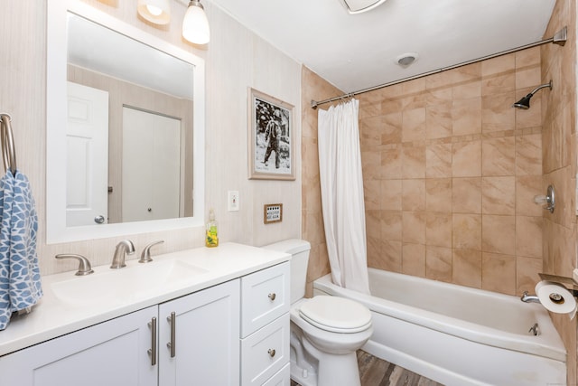 66 Waterview Dr, Newtown, CT 06482 - bathroom featuring shower / bath combo with shower curtain, vanity, toilet, and wood finished floors
