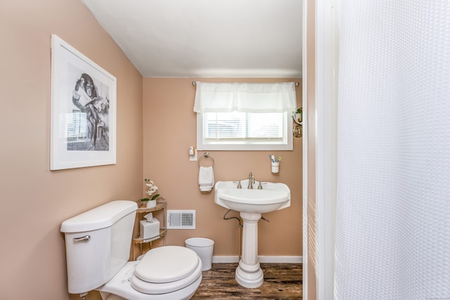 66 Waterview Dr, Newtown, CT 06482 - full bathroom with toilet, wood finished floors, a shower with curtain, and baseboards