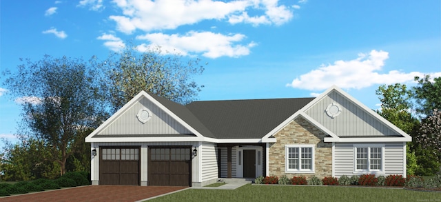 519 Village St, Bristol, CT 06010 - view of front of home with stone siding, board and batten siding, decorative driveway, an attached garage, and a front lawn
