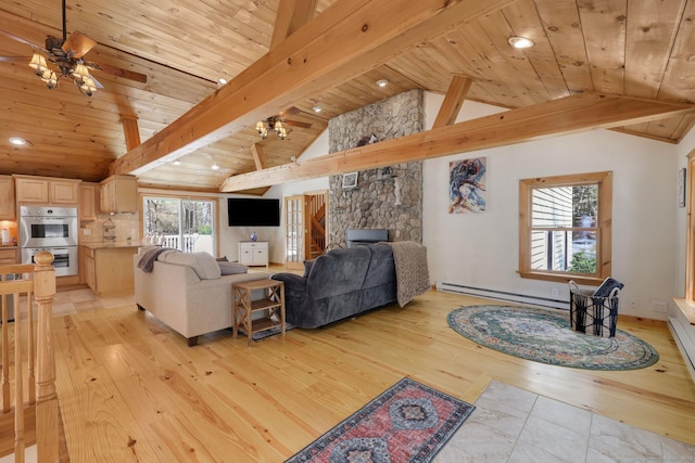 living room featuring wooden ceiling, light wood finished floors, a baseboard heating unit, beamed ceiling, and ceiling fan