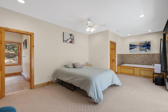 bedroom with a ceiling fan, baseboard heating, baseboards, light colored carpet, and recessed lighting