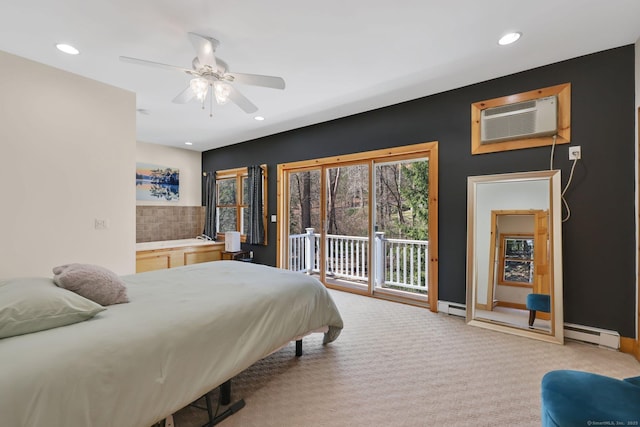 carpeted bedroom featuring access to outside, baseboard heating, a baseboard heating unit, an AC wall unit, and recessed lighting