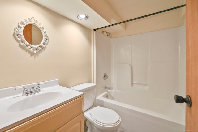 bathroom with toilet, shower / bath combination, recessed lighting, and vanity