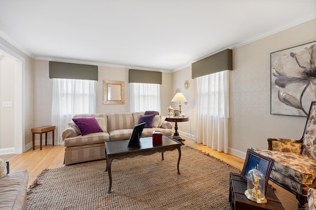 living room with baseboards, light wood-type flooring, and crown molding