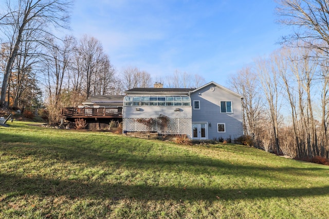 73A Long Meadow Hill Rd, Brookfield, CT 06804 - rear view of property featuring a chimney, french doors, a wooden deck, and a lawn
