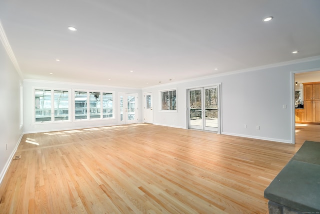 73A Long Meadow Hill Rd, Brookfield, CT 06804 - unfurnished living room with ornamental molding, baseboards, light wood-type flooring, and recessed lighting