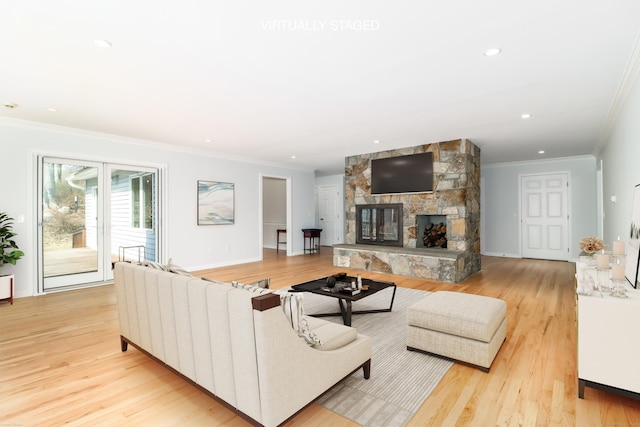 73A Long Meadow Hill Rd, Brookfield, CT 06804 - living area with crown molding, light wood-type flooring, a fireplace, recessed lighting, and baseboards