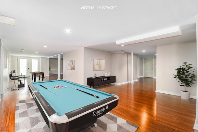 73A Long Meadow Hill Rd, Brookfield, CT 06804 - recreation room with wood finished floors, recessed lighting, billiards, french doors, and baseboards