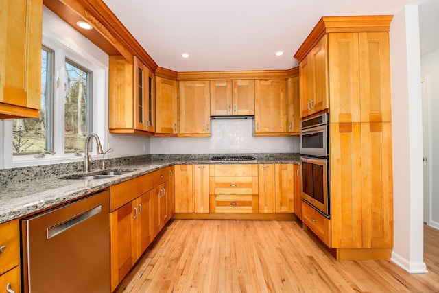 73A Long Meadow Hill Rd, Brookfield, CT 06804 - kitchen with appliances with stainless steel finishes, a sink, light wood-style floors, dark stone counters, and recessed lighting
