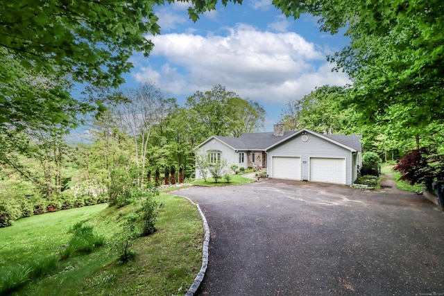 73A Long Meadow Hill Rd, Brookfield, CT 06804 - ranch-style house with asphalt driveway, a garage, a chimney, and a front lawn