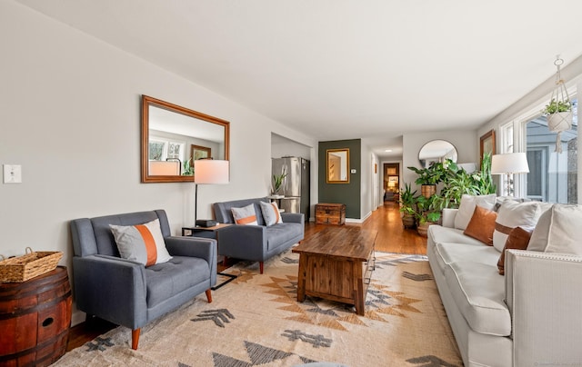 living room featuring light wood-type flooring and a healthy amount of sunlight