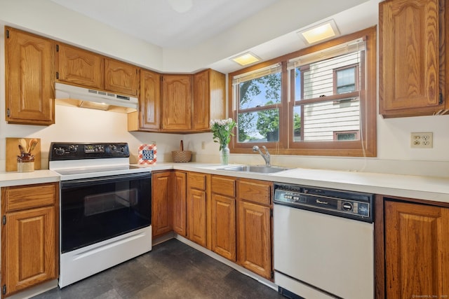 30 Phelps Rd, Manchester, CT 06042 - kitchen with range with electric stovetop, white dishwasher, under cabinet range hood, and brown cabinets