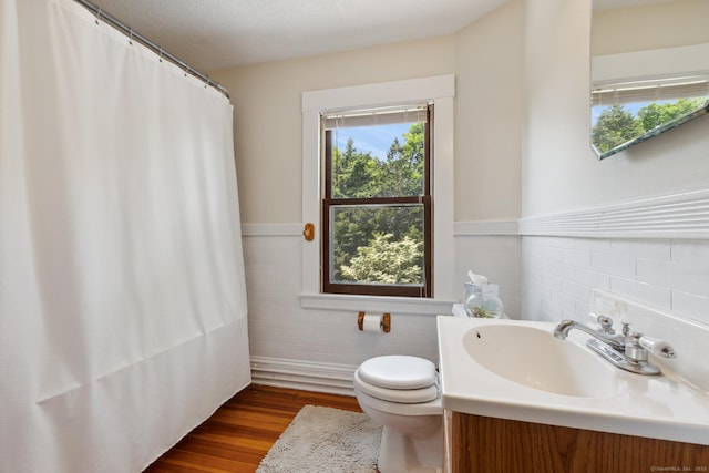 30 Phelps Rd, Manchester, CT 06042 - full bathroom featuring plenty of natural light, a wainscoted wall, vanity, wood finished floors, and curtained shower