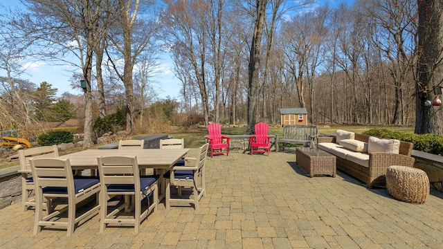 3 Mountain Dr, New Milford, CT 06776 - view of patio with outdoor lounge area, an outdoor structure, outdoor dining area, and a shed