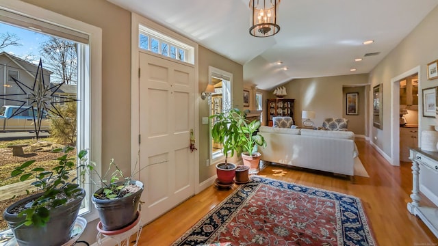 3 Mountain Dr, New Milford, CT 06776 - foyer entrance featuring light wood-type flooring, vaulted ceiling, visible vents, recessed lighting, and baseboards