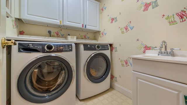 3 Mountain Dr, New Milford, CT 06776 - clothes washing area with baseboards, a sink, cabinet space, washer and clothes dryer, and light floors