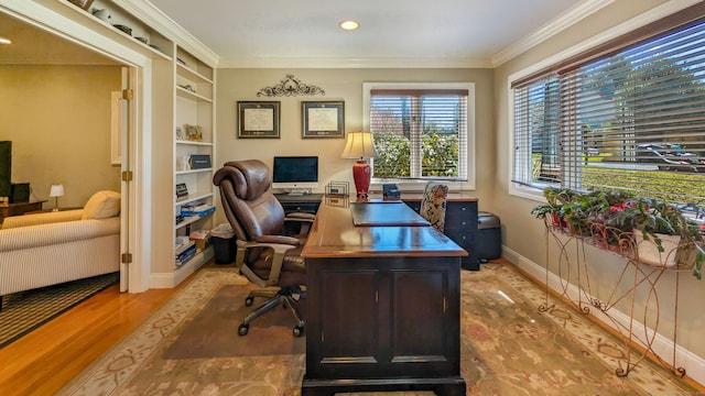 3 Mountain Dr, New Milford, CT 06776 - office space featuring ornamental molding, recessed lighting, wood finished floors, baseboards, and built in shelves