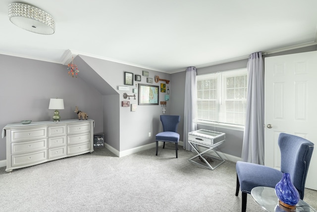 living area with carpet floors, crown molding, and baseboards