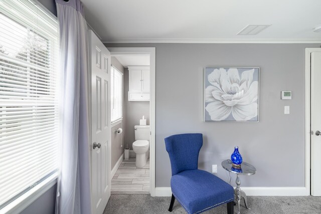 bathroom with toilet, plenty of natural light, ornamental molding, and baseboards