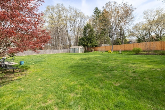 view of yard with an outdoor structure, a shed, and a fenced backyard