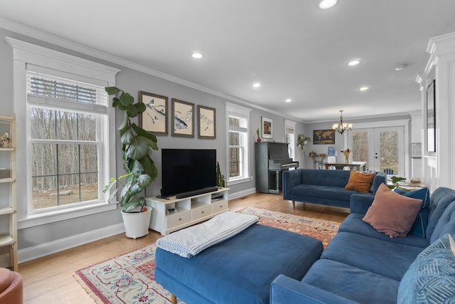 136 Tater Hill Rd, East Haddam, CT 06423 - living room featuring healthy amount of natural light, baseboards, recessed lighting, ornamental molding, and light wood-type flooring