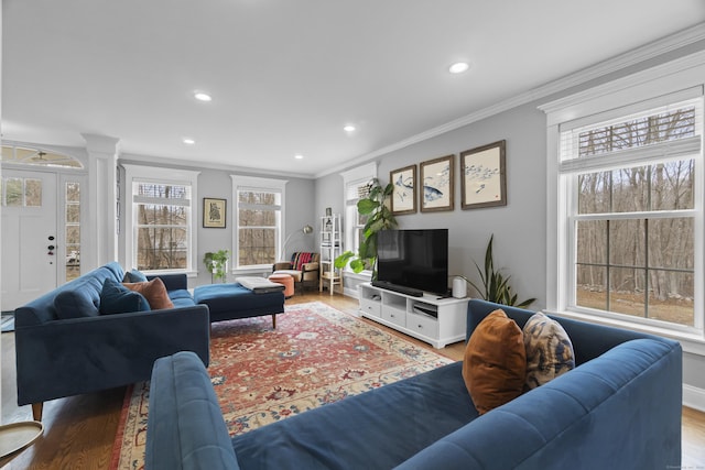 136 Tater Hill Rd, East Haddam, CT 06423 - living room with crown molding, wood finished floors, recessed lighting, and baseboards