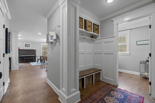 136 Tater Hill Rd, East Haddam, CT 06423 - mudroom with wood finished floors, ornamental molding, baseboards, ornate columns, and recessed lighting