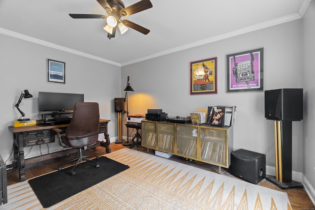 136 Tater Hill Rd, East Haddam, CT 06423 - home office with crown molding, ceiling fan, baseboards, and wood finished floors