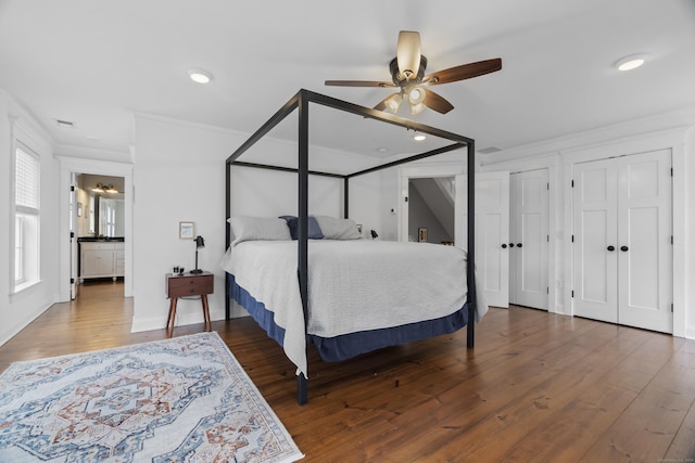 136 Tater Hill Rd, East Haddam, CT 06423 - bedroom with wood finished floors, crown molding, multiple closets, recessed lighting, and ceiling fan