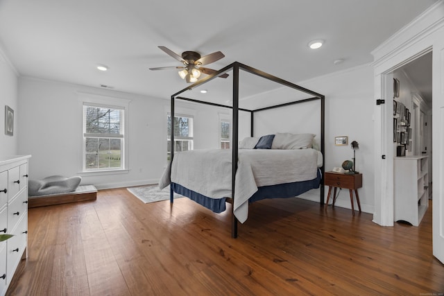 136 Tater Hill Rd, East Haddam, CT 06423 - bedroom featuring crown molding, dark wood finished floors, baseboards, ceiling fan, and recessed lighting