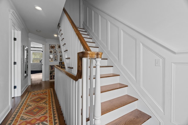136 Tater Hill Rd, East Haddam, CT 06423 - stairway featuring wood finished floors, recessed lighting, baseboards, and crown molding