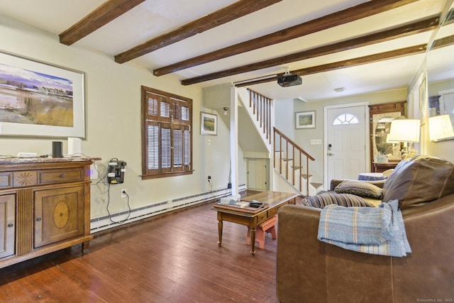 living area with dark wood-style flooring, a baseboard radiator, beamed ceiling, and stairway