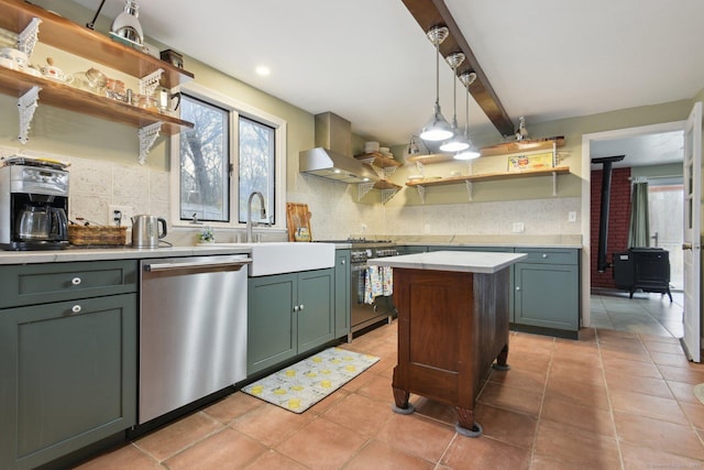 kitchen with appliances with stainless steel finishes, open shelves, a wood stove, tasteful backsplash, and beamed ceiling