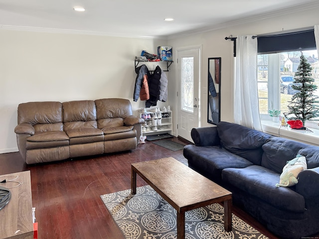 living area featuring recessed lighting, crown molding, and wood finished floors