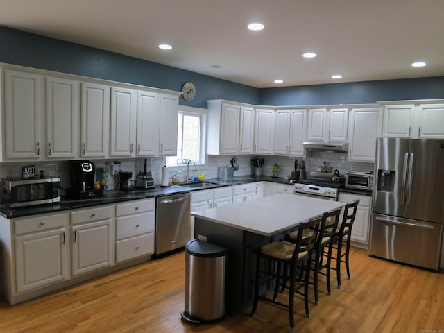 kitchen with under cabinet range hood, a sink, stainless steel appliances, and light wood-style floors