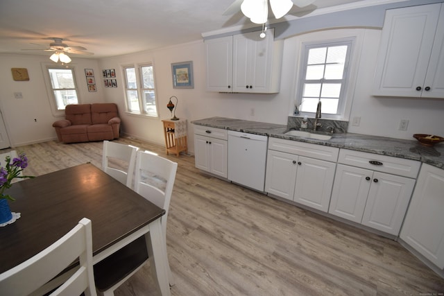 5 Hammock Pkwy, Clinton, CT 06413 - kitchen featuring dishwasher, a ceiling fan, a sink, light wood finished floors, and ornamental molding