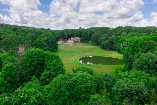 bird's eye view with a forest view and a water view