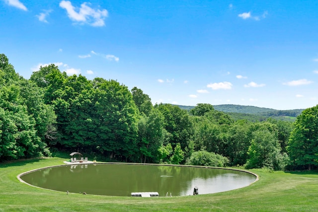 view of home's community featuring a view of trees and a yard