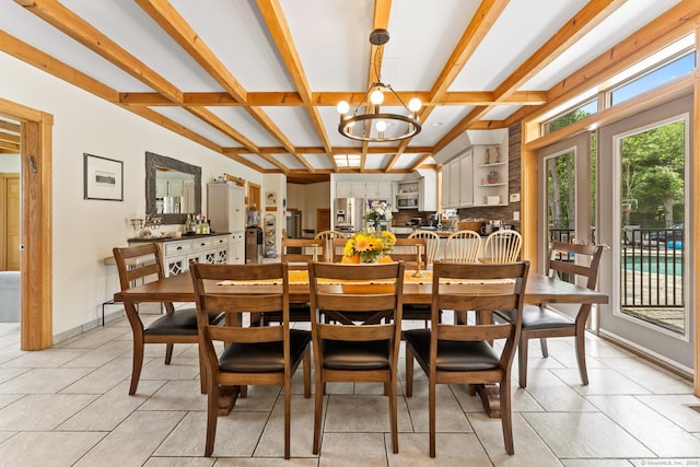 dining space featuring baseboards, an inviting chandelier, coffered ceiling, beamed ceiling, and light tile patterned floors