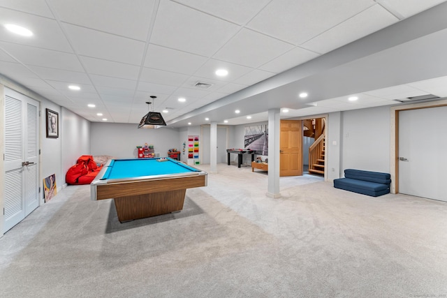 playroom featuring a paneled ceiling, visible vents, carpet, recessed lighting, and billiards