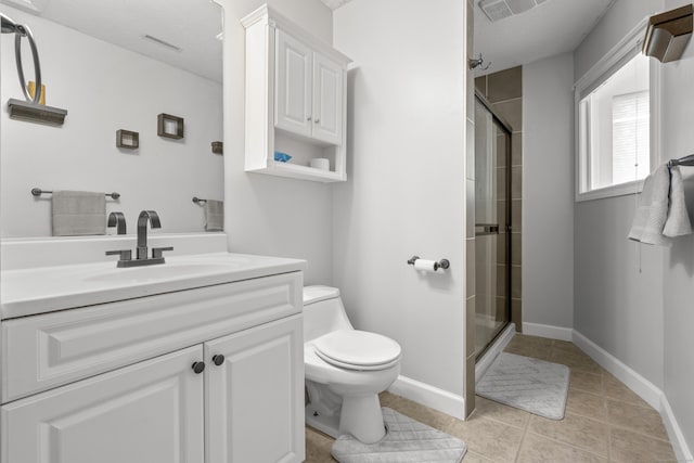 bathroom featuring visible vents, toilet, a shower stall, vanity, and tile patterned floors