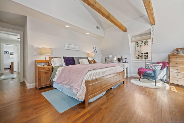 bedroom with baseboards, lofted ceiling with beams, recessed lighting, visible vents, and wood-type flooring