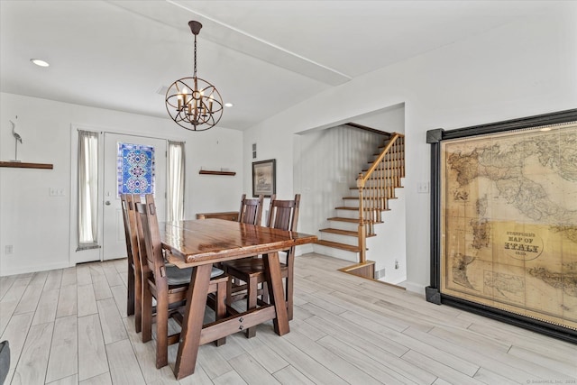 231 Pawson Rd, Branford, CT 06405 - dining room featuring a chandelier, light wood finished floors, stairway, and recessed lighting