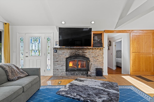 231 Pawson Rd, Branford, CT 06405 - living area featuring lofted ceiling, wood finished floors, a fireplace, and recessed lighting
