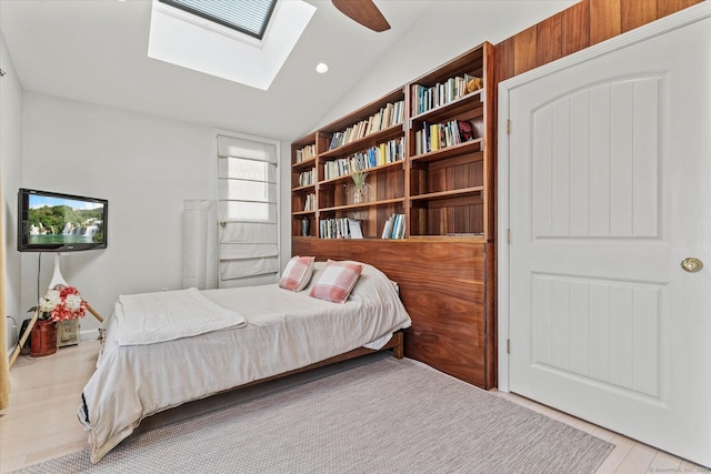 231 Pawson Rd, Branford, CT 06405 - bedroom with a skylight, lofted ceiling, recessed lighting, a ceiling fan, and wood finished floors