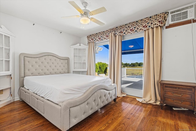 231 Pawson Rd, Branford, CT 06405 - bedroom featuring access to exterior, wood finished floors, an AC wall unit, and ceiling fan