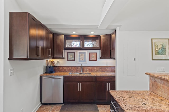 231 Pawson Rd, Branford, CT 06405 - kitchen with stainless steel dishwasher, a sink, light stone counters, dark brown cabinets, and recessed lighting
