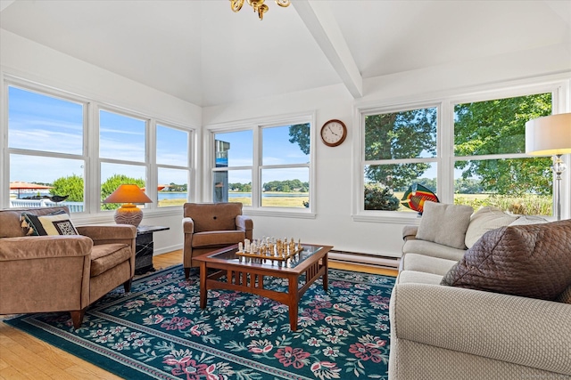 231 Pawson Rd, Branford, CT 06405 - living area with a baseboard heating unit, wood finished floors, and a water view