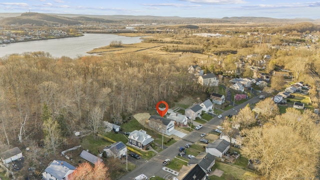 aerial view featuring a residential view and a water view