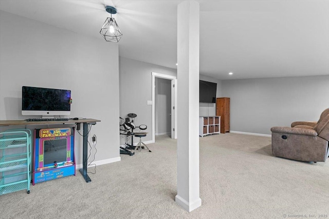 recreation room with baseboards, carpet, and recessed lighting